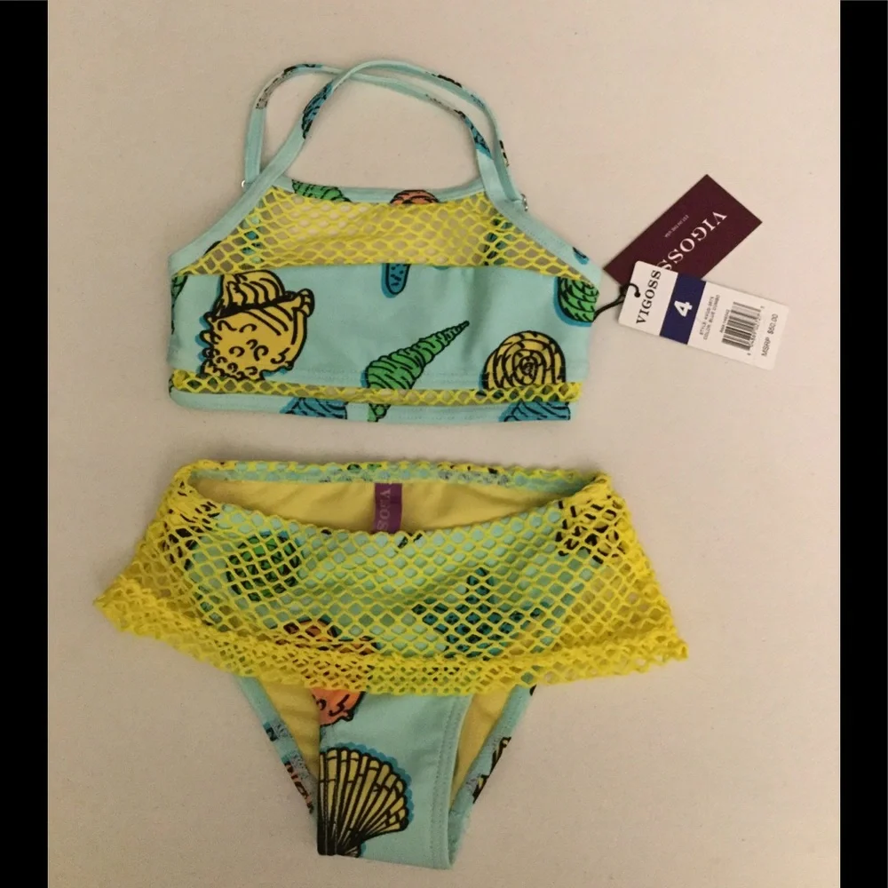 NWT Vigoss SZ 4 Shells! Bright Yellow & Aqua Crochet Mesh Skirt Swim Set